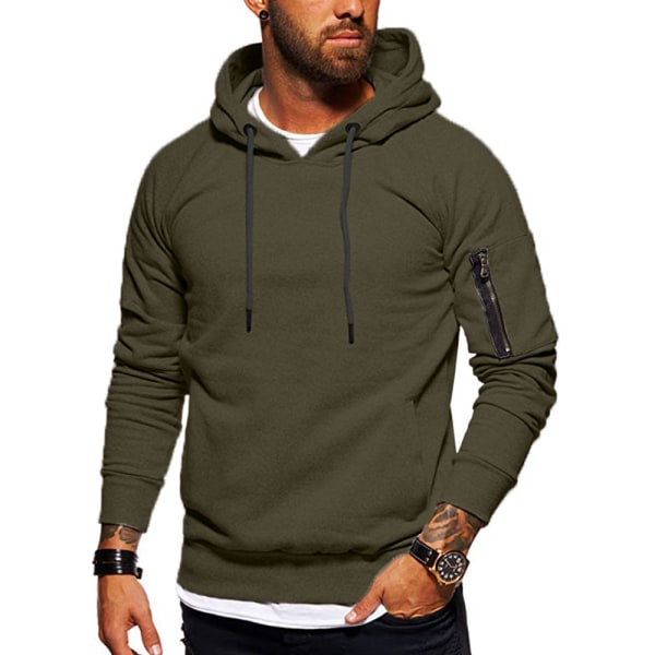 Män ångärmade Hoodies Sport Fit Sweatshirt Solid Pullover Toppar Green L