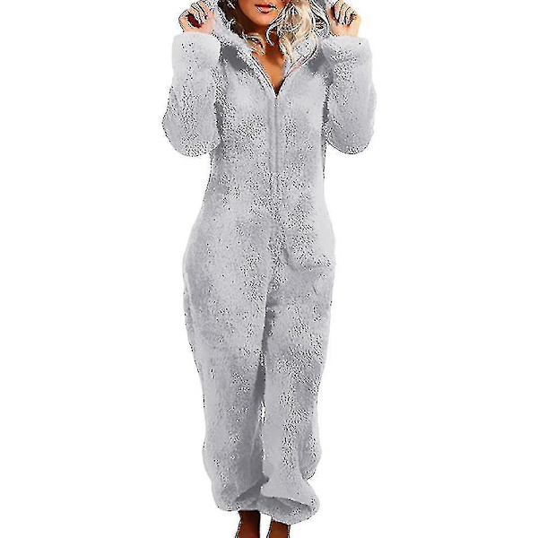 Dam Vinter Fluffy Fleece Hooded Allt i en Jumpsuit grey