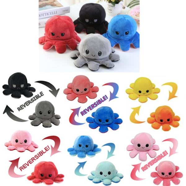 Dubbelsidig vändbar bläckfisk plyschleksaker, Reversible Octopus MultiColor Svart/Grå