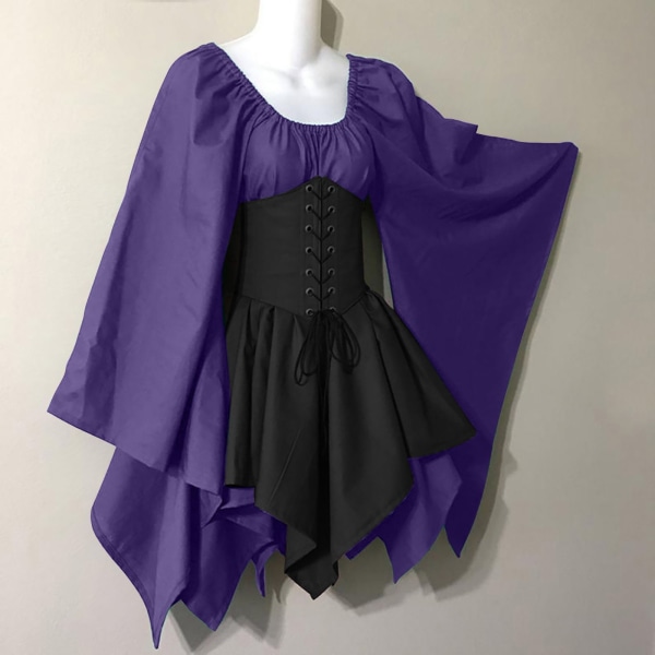 Svart gotisk klänning sommar medeltida renässansdräkt Purple + black 4XL