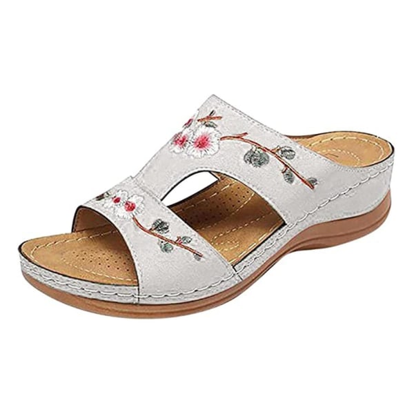 Ortopediska sandaler för kvinnor Broderade blommor Flip Flops Skor Våren bekväma tofflor Creamy-white