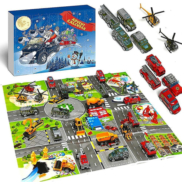 Cars Advent Calendar for Kids Boys 2023 Christmas, 24 Pull Back Vehicles Lekset med Crane Helicop