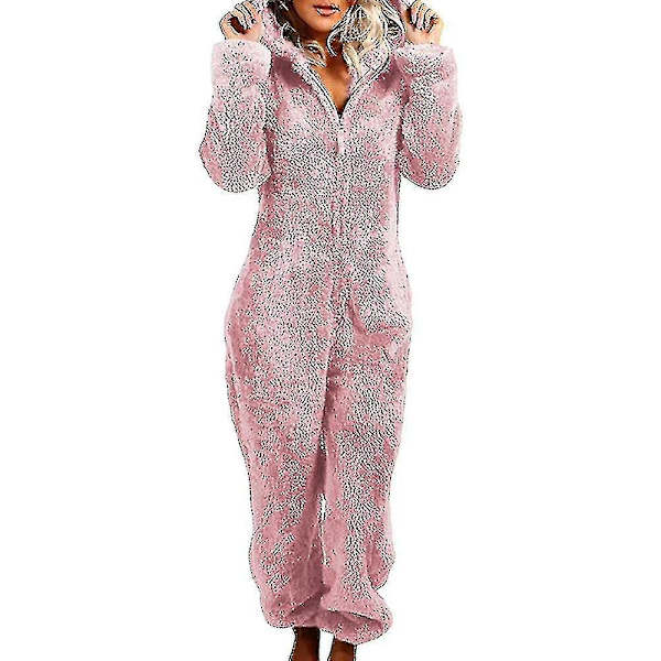 Dam Vinter Fluffy Fleece Hooded Allt i en Jumpsuit pink