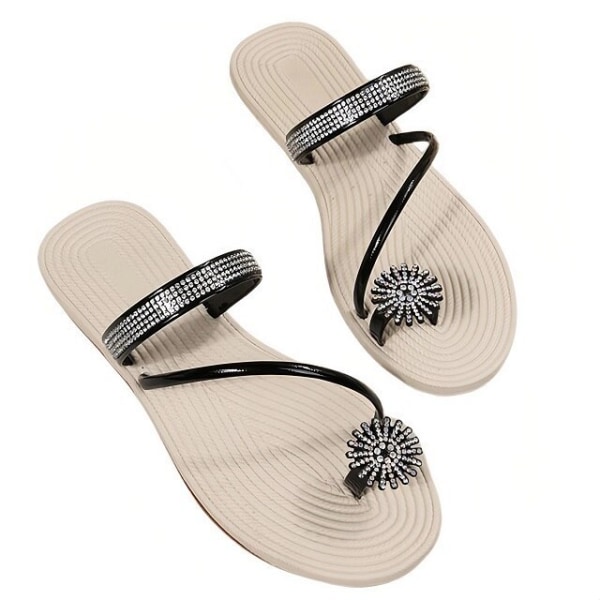 Sommaren glänsande strass tofflor strandskor mode sandaler Black 36