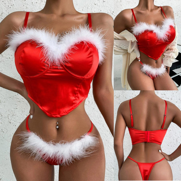 Sexig jul röd ihåliga underkläder set för kvinnor L