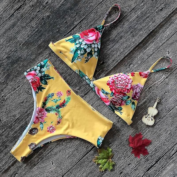 Grafiskt print för damer Bikini Set Camisole Baddräkt med hög midja yellow bottom flower L