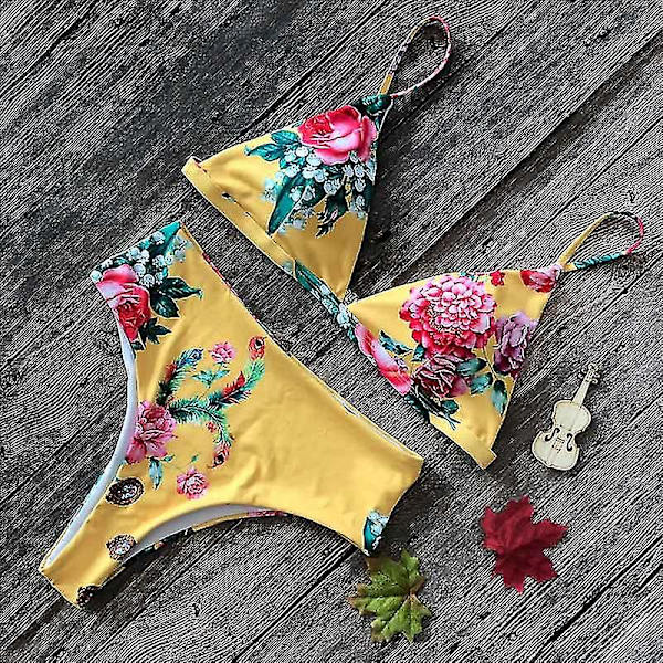 Grafiskt print för damer Bikini Set Camisole Baddräkt med hög midja yellow bottom flower S