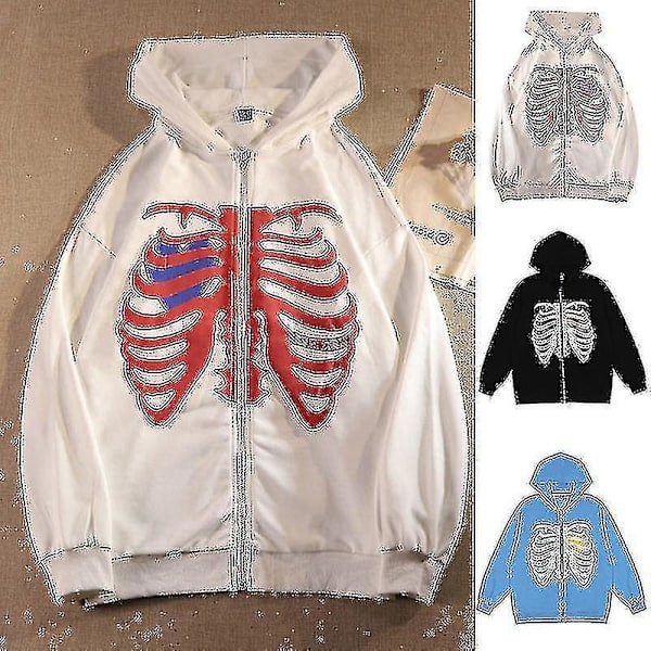 Skeleton Pattern Drop Shoulder Zip Up Hoodie för Shein S-2xl V Black