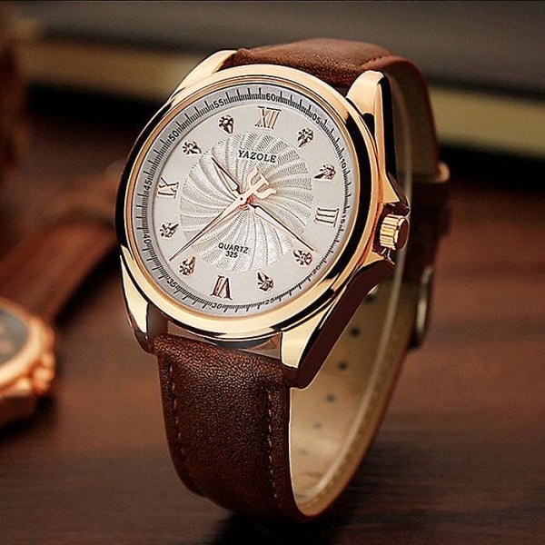 YAZOLE 325 Män Kristall Rose Guld Case Läder Band Lysande Display Quartz Watch