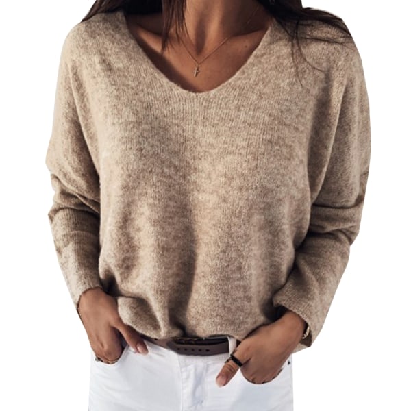 V-ringad damstickad Henry Top Casual långärmad tröja tröja blus Beige M