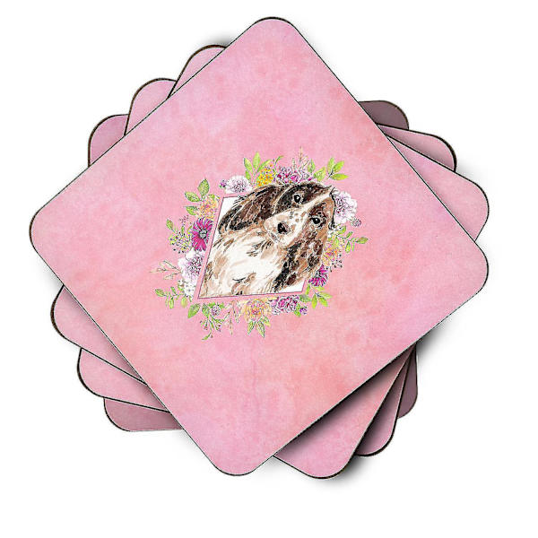 Brown Parti Cocker Spaniel Pink Flowers Foam Coaster Set om 4