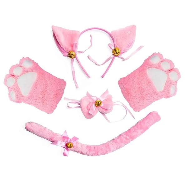 Cat Costume Cosplay Plysch huvudbonad Clip Öron fluga Svans Pink