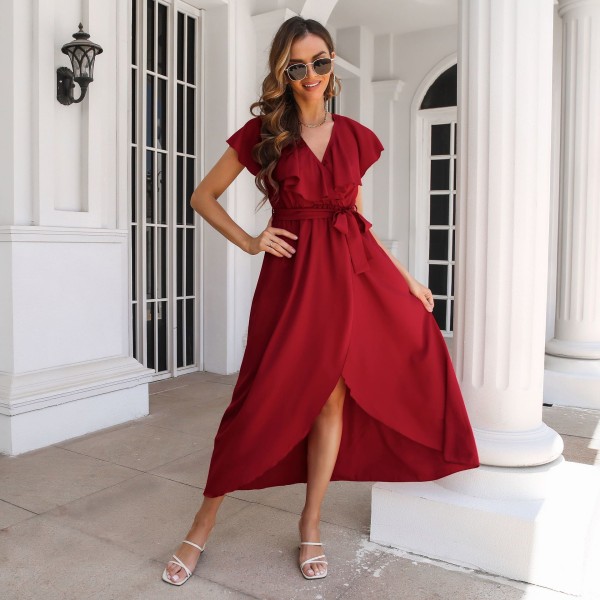 V-ringad volang, ärmlös klänning för kvinnor med slits maxiklänning Wine Red XL