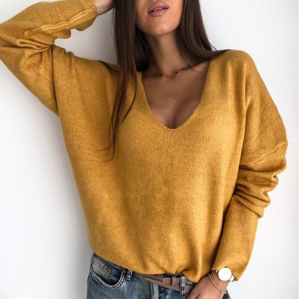 V-ringad damstickad Henry Top Casual långärmad tröja tröja blus Gul S