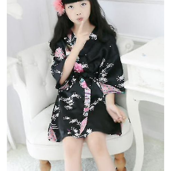 Barn Barn Satin Silke Robe Kimono Brudtärna Nattklänning Klänning Morgonrock A Black 4 90cm