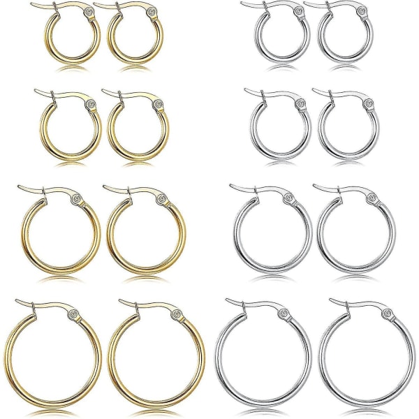(8 par (4 par vitt, 4 par guld)) Set små bågeörhängen i rostfritt stål för kvinnor