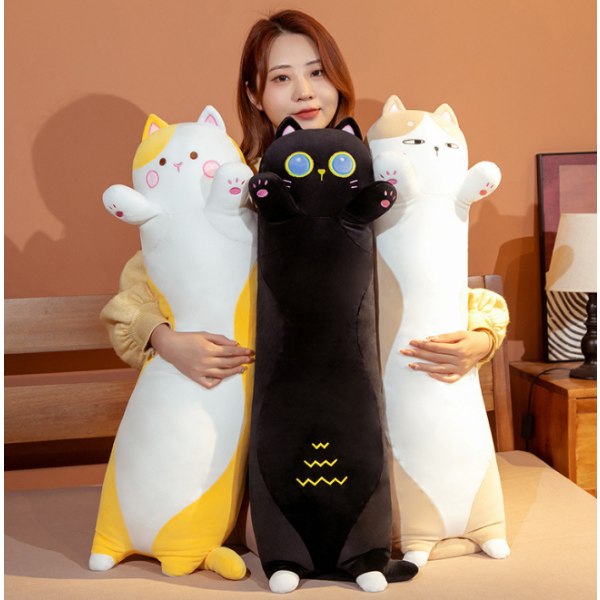 Söt katt gosedjur lång kroppskudde Y yellow 130CM black 110CM