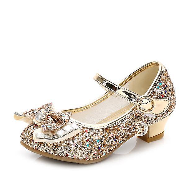 Bow Girls Pu Läderskor Princess High Heels Bröllopsskor Gold 27