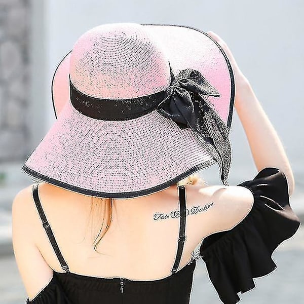 Sommar Storbrättad halm Floppy Bred Cap, Bowknot Beach Vikbar Hatt (Rosa)