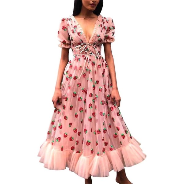 Strawberry Print Djup V Kortärmad Mesh Plisserad lång klänning Pink XL
