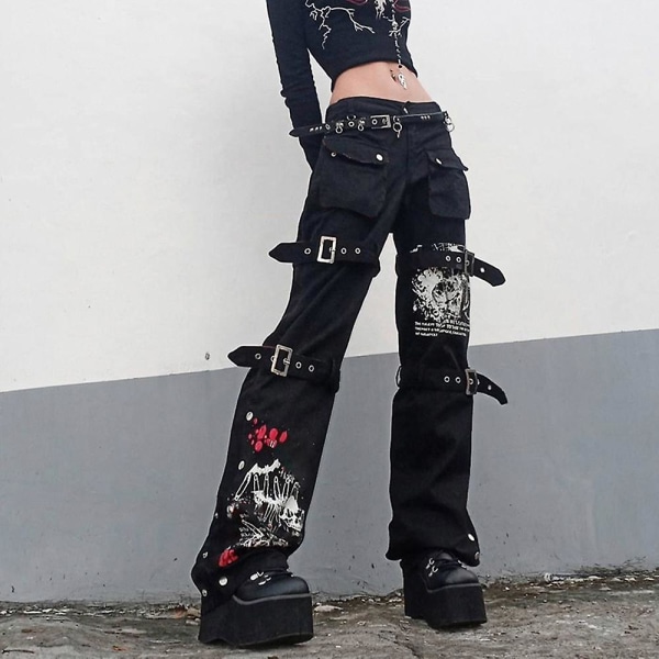 Cyber Y2k byxor Akademiska mörka kläder Hippie lösa jeans style1 L