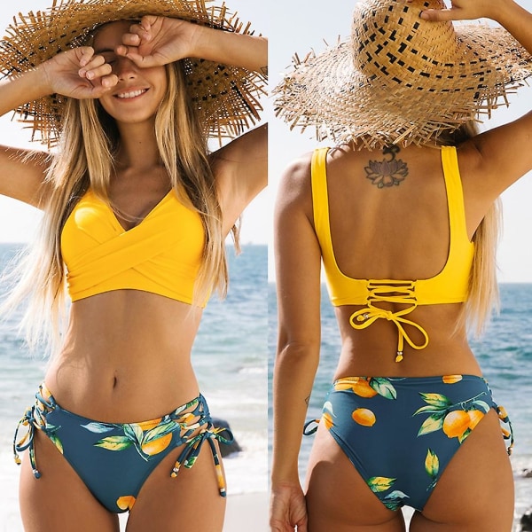 Printed Mid Waist Bikini Suit Badkläder 2022 New Beach Badkläder yellow XL
