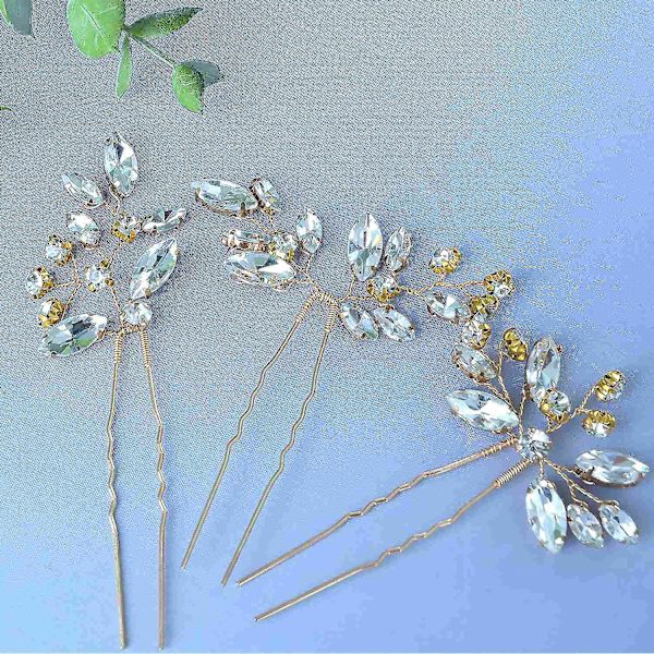 Bröllopshårtillbehör, 3 st Crystal Bröllopshår, handgjorda strass brudhårnål (guld)