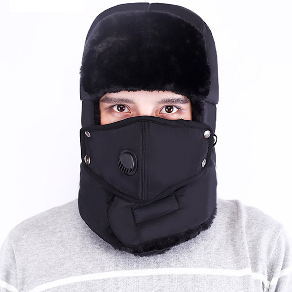 Herr Trapper Aviator Hat Winter Warm med Mask Earflap Cap Black