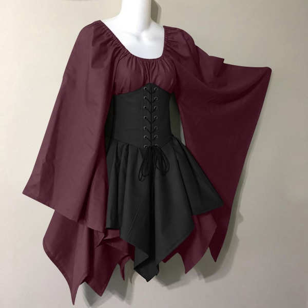 Svart gotisk klänning sommar medeltida renässansdräkt Burgundy + black 2XL
