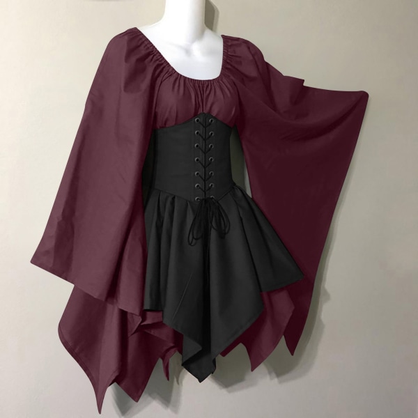 Svart gotisk klänning sommar medeltida renässansdräkt Burgundy + black 4XL