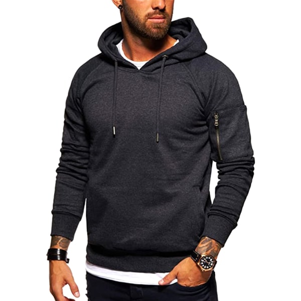 Män ångärmade Hoodies Sport Fit Sweatshirt Solid Pullover Toppar Grey L
