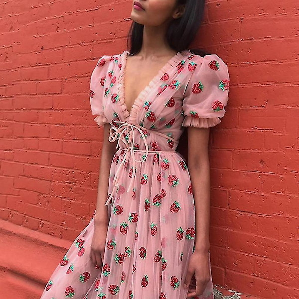 Strawberry Print Djup V Kortärmad Mesh Plisserad lång klänning Black M
