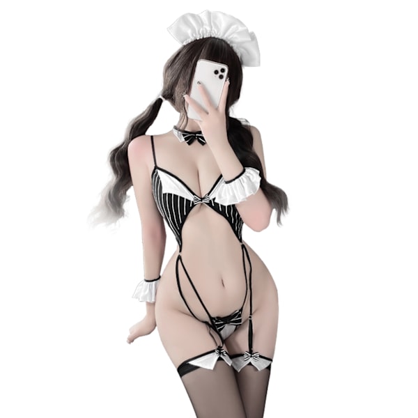 Kvinnlig erotisk outfit Babydoll Sexiga kostymer Japansk hembiträde Cosplay Underkläder Underkläder Servant Randig Jumpsuit för kvinnor