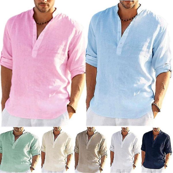 Män Casual Shirt Enfärgad Långärmad T-shirt i ren bomull Lös Blue 2XL