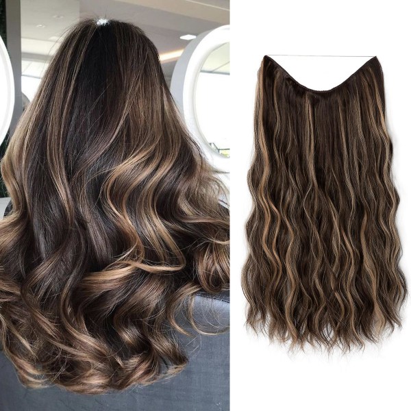 Halo Hair Extensions Osynlig tråd Vågigt lockigt långa syntetiska hårstycken för kvinnor Justerbart pannband 6H22 24 inch