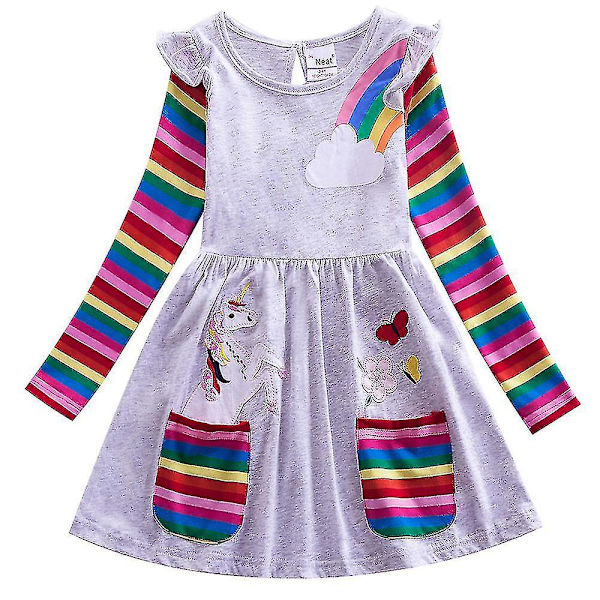 Kids Rainbow långärmad skaterklänning Unicorn Pockets Klänningar för 3-8-åriga flickor Grey