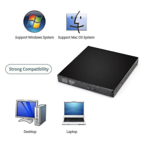 Extern CD DVD-enhet, USB 2.0 Slim Protable Extern CD-rw-enhet DVD-rw-brännare Skrivare Spelare för bärbar bärbar dator Stationär dator, svart