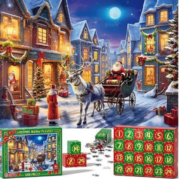 Julepuslespill Adventskalender 2024, 1008 Puslespillbiter 24 Dager Lekebutik Puslespill Julnedtelling Adventskalender M