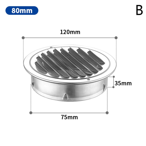 75MM 201 Rostfritt stål Vägg Ventilationsgaller Exteriör Rund Du 80mm