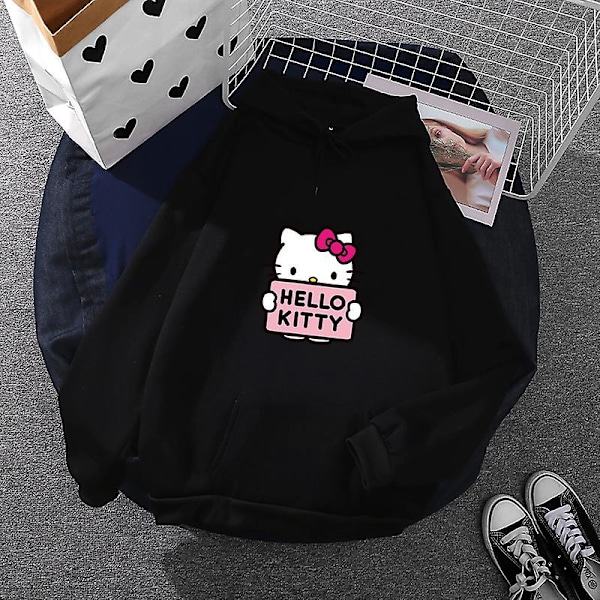 Tegneserie Sanrio Hello-Kitty søt hettegenser for kvinner koreanske jenter mote genser vår og høst modell klær casual langærmet XXXL XXXL XXXL black