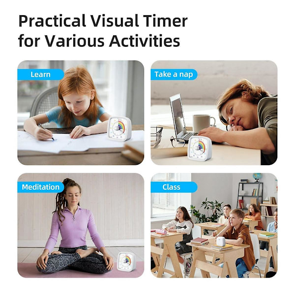 60-Minuters Visuell Timer med Nattlampa, Nedräkningstimer, Pomodoro-Timer med Regnbågsmönster för Barn och Vuxna White