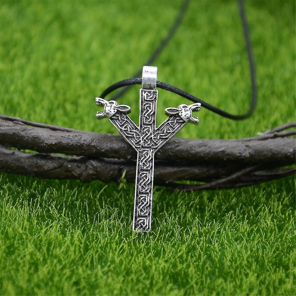 Norse Runes Algiz Skyddsamulett Varghuvuden Talisman Viking Halsband Hängsmycken