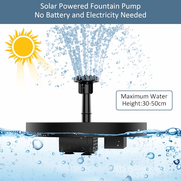 Solfontänpump, solcellsdriven vattenfontän med 6 munstycken, flytande solpump för fågelbad, trädgård, damm, pool och akvarium