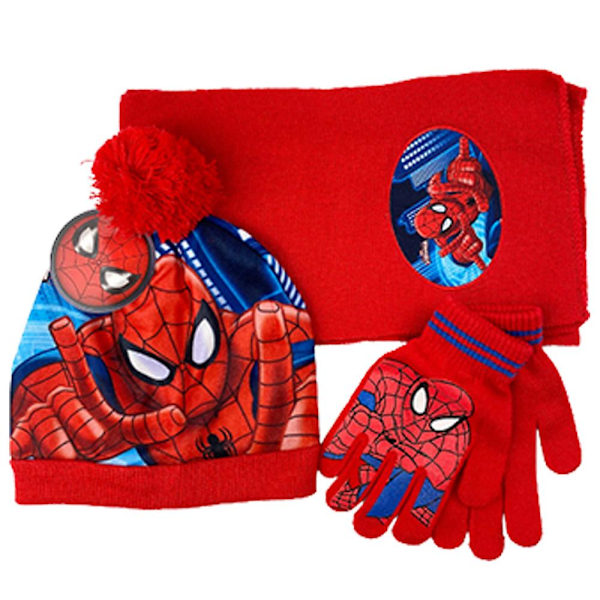 Spiderman-trykket strikket lue + skjerf + votter Vintervarm sett Gave til barn gutter C