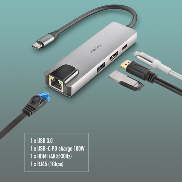 Multiport USB-C-adapter - NGS - WONDERDOCK SUPRA - Ultralätt aluminium - 4 portar - 4K HDMI