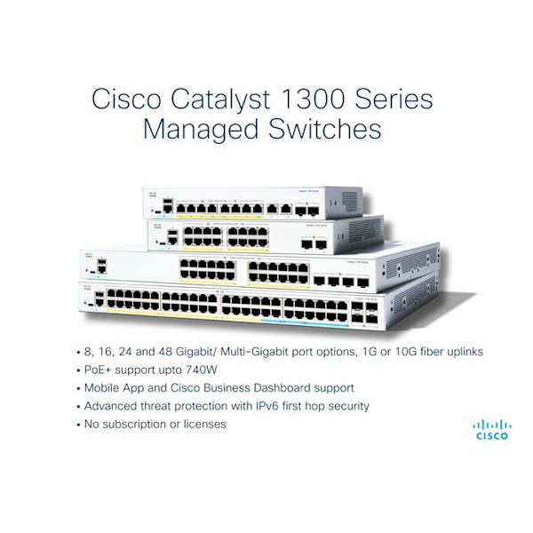 Switch - CISCO - Catalyst 1300 - 8 portar GE PoE - Gigabit Ethernet - 67W PoE