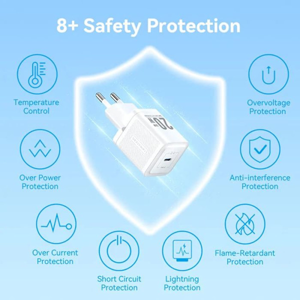 Kolumnladdare för EU-kontakt, Typ-C, GaN-teknologi, 20W, 1m - Vention (TZ-FEPWW0-EU-01) - Vit
