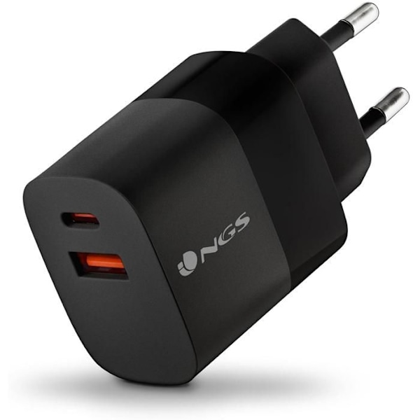 NGS BUD 33W: Universell väggladdare 33W med 2 portar: USB-C + USB-A. Snabb och säker laddning. Samtidig laddning. Svart.