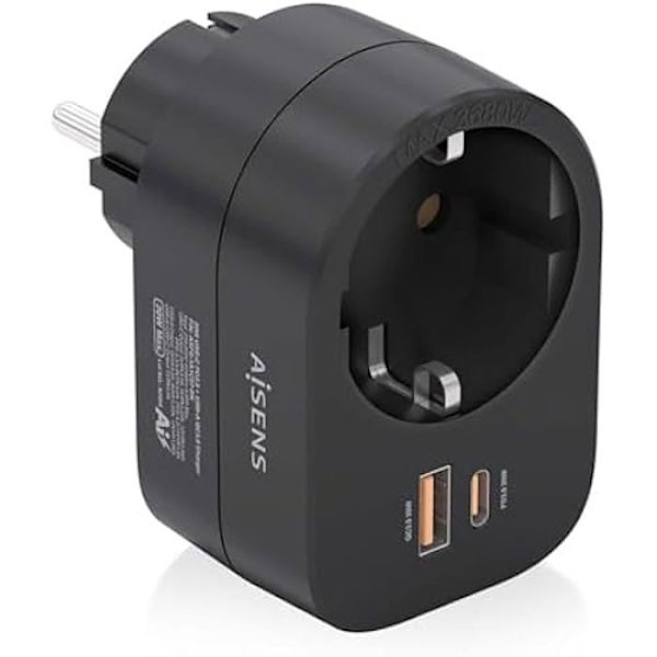 AISENS - ASPS-1A1C07-BK - Multifunktions vägguttag med 1 uttag + 1 x USB-C 20 W PD3.0, 1 x USB-A 20 W QC3.0, svart Svart