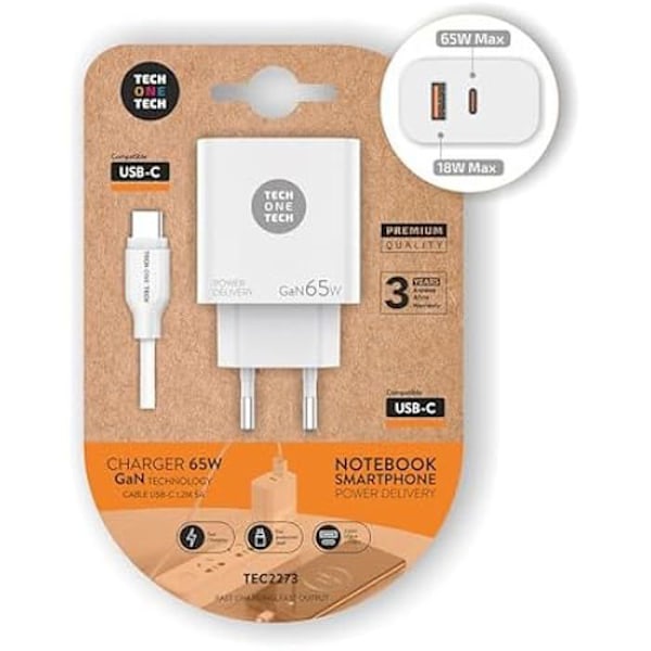 Tech One Tech gan pd tec2273 väggladdare / 1 x USB typ-c / 1 x USB / 65 W Olivgrön
